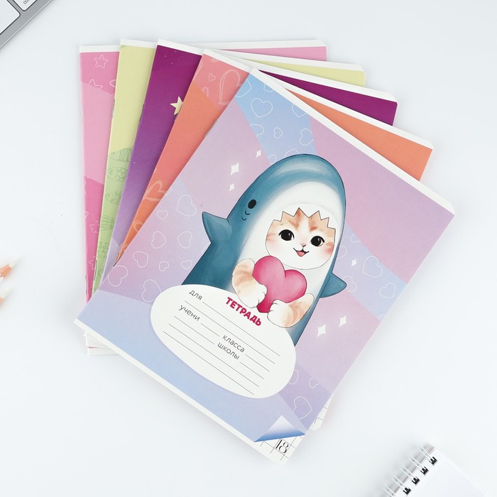 Тетрадь в клетку, 18 листов, А5, на скрепке, блок №1«Котя» МИКС