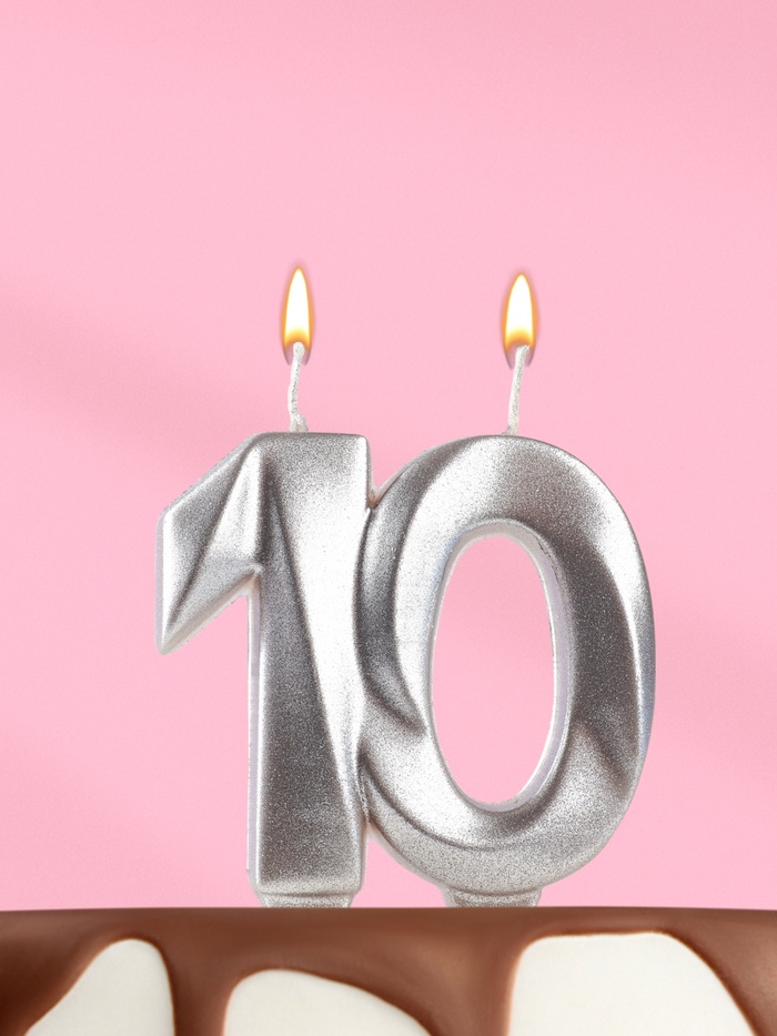 Свеча в торт юбилейная «Грань», цифра 10, серебро