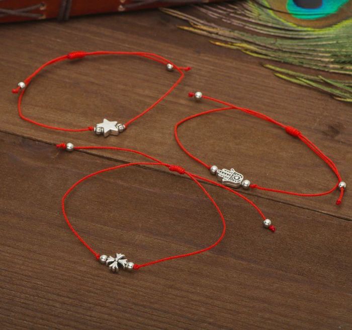 Браслет-оберег "Красная нить", цвет чернёное серебро, d=6 см (набор №1) - фото 3